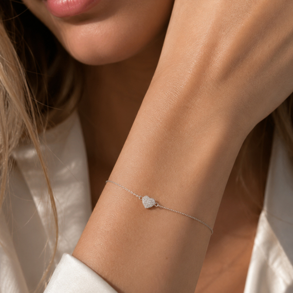 Bransoletka z białego złota z zawieszką serce z diamentami 0.09 ct - próba 585 Bransoletka z białego złota z zawieszką serce z diamentami 0.09 ct - próba 585