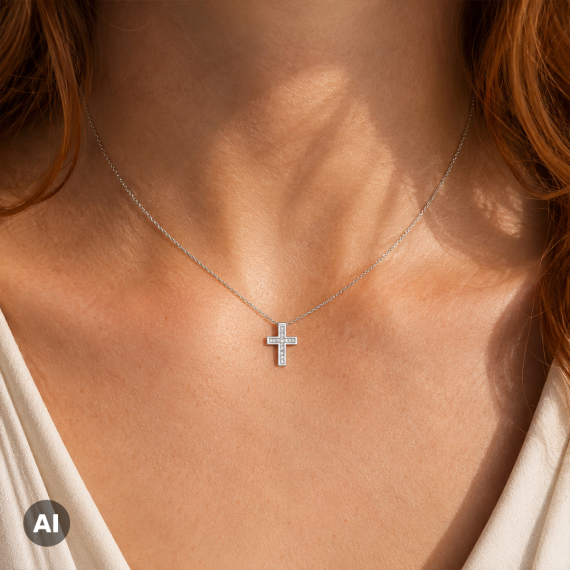 Naszyjnik z zawieszką krzyżyk z białego złota z diamentami 0.11 ct - próba 585 Naszyjnik z zawieszką krzyżyk z białego złota z diamentami 0.11 ct - próba 585