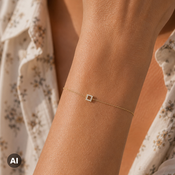 Złota bransoletka z zawieszką kwadrat z diamentami 0.06 ct - próba 585 Złota bransoletka z zawieszką kwadrat z diamentami 0.06 ct - próba 585