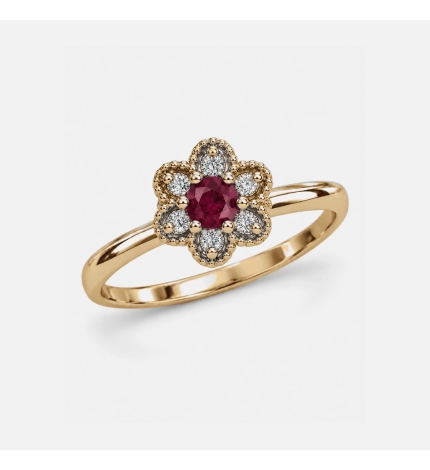Złoty pierścionek z rubinem i diamentami o motywie kwiatowym - próba 585 Złoty pierścionek z rubinem i diamentami o motywie kwiatowym - próba 585