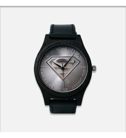 Zegarek drewniany z monetą Superman drewno Wenge, pasek czarny Zegarek drewniany z monetą Superman drewno Wenge, pasek czarny