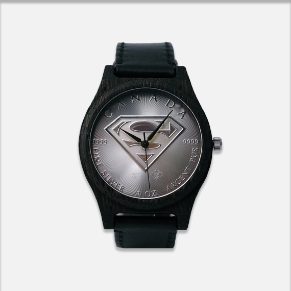 Zegarek drewniany z monetą Superman drewno Wenge, pasek czarny
