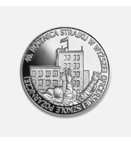 Srebrna moneta NBP: 40-lecie strajku Wyższej Oficerskiej Szkoły Pożarniczej 14,14 g Srebrna moneta NBP: 40-lecie strajku Wyższej Oficerskiej Szkoły Pożarniczej 14,14 g