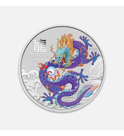 Srebrna moneta Lunar III: Rok Smoka Fioletowy 2024 1/2 uncji Srebrna moneta Lunar III: Rok Smoka Fioletowy 2024 1/2 uncji
