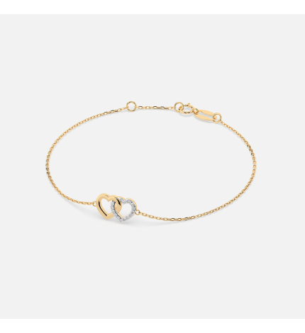 Złota bransoletka z zawieszką dwóch serc z diamentami 0.08 ct - próba 585 Złota bransoletka z zawieszką dwóch serc z diamentami 0.08 ct - próba 585