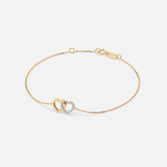 Złota bransoletka z zawieszką dwóch serc z diamentami 0.08 ct - próba 585