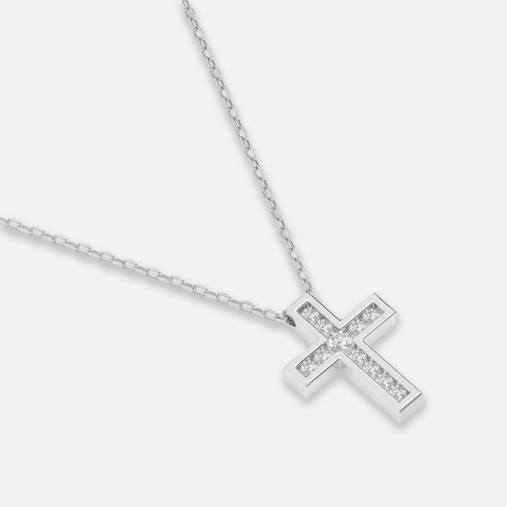 Naszyjnik z zawieszką krzyżyk z białego złota z diamentami 0.11 ct - próba 585 Naszyjnik z zawieszką krzyżyk z białego złota z diamentami 0.11 ct - próba 585