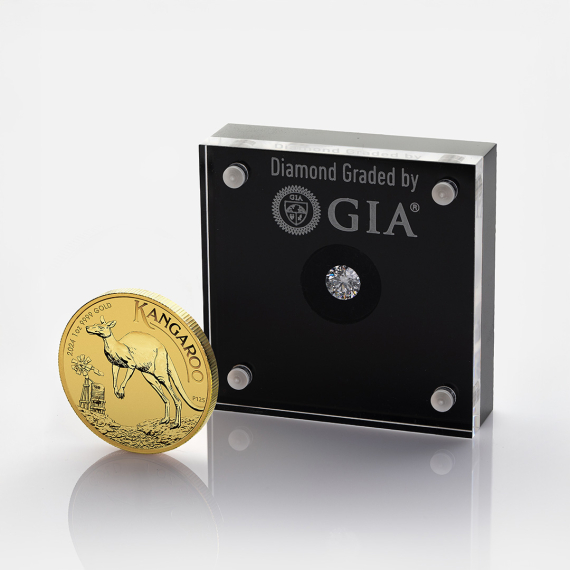 Zestaw złota moneta Australijski Kangur 1 uncja i diament 0.50 ct Zestaw złota moneta Australijski Kangur 1 uncja i diament 0.50 ct